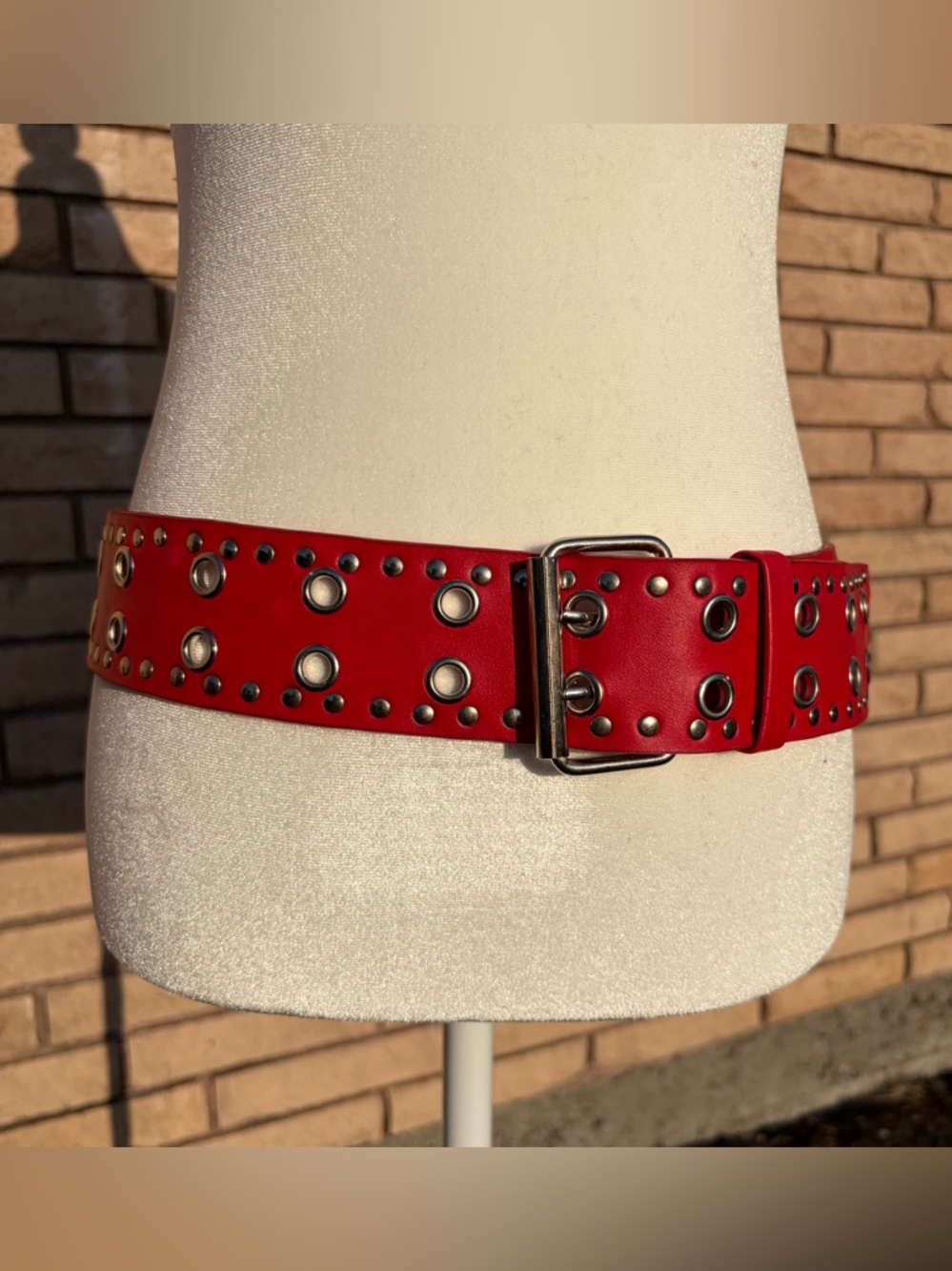 Red Genuine Leather Studded Grommet Belt